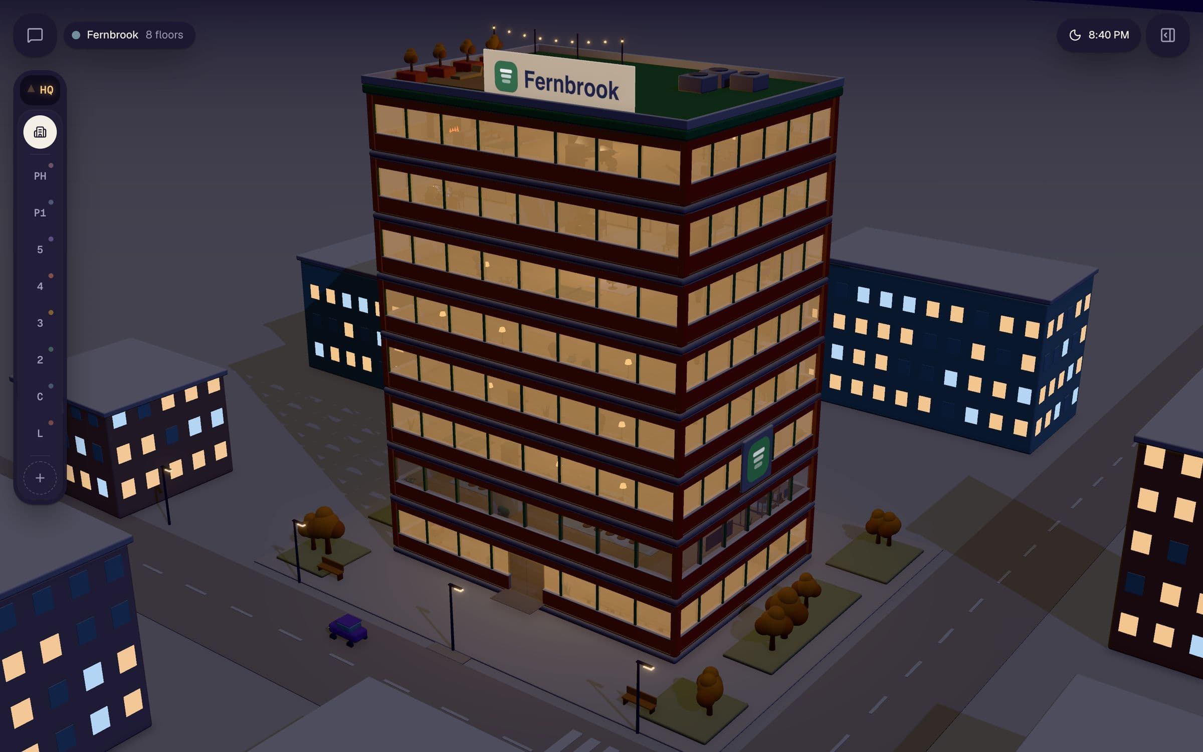 The same building at 8:40 PM, lit where agents are working